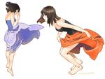  artist_name bare_shoulders barefoot black_shirt breasts cleavage commentary_request dress from_behind from_side full_body highres leaning_forward medium_breasts orange_skirt original purple_dress shirt short_hair signature simple_background skirt strapless strapless_dress umishima_senbon variations white_background 