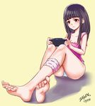  absurdres artist_name barefoot black_hair blue_panties breasts brown_eyes camisole cleavage dated facing_viewer handheld_game_console highres legband long_hair original panties playing_games playstation_vita sitting small_breasts underwear underwear_only yellow_background zaken 