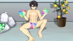  abs barefoot black_hair blue_eyes blush closed_mouth eating fate/grand_order fate_(series) food foreskin fujimaru_ritsuka_(male) hair_between_eyes highres holding holding_food looking_at_viewer male_focus navel nipples nude penis plant sitting testicles toned toned_male transparent_censoring zhengtaikong 