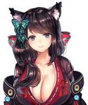  animal_ears azur_lane bangs banned_artist black_hair black_kimono blue_eyes bow breasts butterfly_hair_ornament cat_ears cleavage closed_mouth fusou_(azur_lane) hair_bow hair_ornament hair_over_shoulder japanese_clothes kimono large_breasts long_hair looking_at_viewer red_ribbon ribbon shiny shiny_hair simple_background smile solo tsukiriran upper_body white_background 