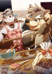  2017 anthro apron baking blush bowl canine clothed clothing cookie dog food fur headband horkeukamui kemono kitchen male mammal moritaka multicolored_fur muscular muscular_male rossciaco scar slightly_chubby smile tokyo_afterschool_summoners white_fur wolf 