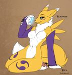  2017 anthro armwear blue_eyes breasts bridal_gauntlets canine clothing crystal digimon featureless_breasts female fluff-kevlar fur mammal nude pawpads renamon simple_background solo white_fur yellow_fur 