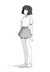 arms_at_sides collared_shirt commentary_request full_body greyscale kawai_makoto looking_afar monochrome original pleated_skirt shirt shoes short_hair short_sleeves simple_background skirt solo standing wing_collar 