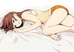  bed_sheet breast_squeeze breasts brown_eyes brown_hair commentary_request frown green_shirt kawai_makoto lying medium_breasts on_bed on_side orange_shorts sheet_grab shirt short_hair shorts simple_background solo tank_top upset white_background 