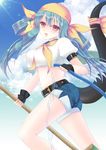  1girl arc_system_works ass asymmetrical_wings bandanna belt blue_hair blush breasts deck_brush denim denim_shorts dizzy fingerless_gloves gloves guilty_gear hair_ribbon hose large_breasts long_hair looking_at_viewer open_mouth red_eyes sailor_collar sailor_shirt shiny shiny_hair shiny_skin short_shorts shorts smile solo tail tail_bow tail_ribbon toritani_kazu twintails very_long_hair wings 