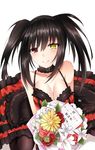  bad_id bad_pixiv_id bare_shoulders black_choker black_hair blush bouquet breasts choker cleavage commentary_request date_a_live feng_mouren flower gothic_lolita hair_between_eyes heterochromia highres large_breasts lolita_fashion red_eyes short_twintails sitting smile solo tokisaki_kurumi translation_request twintails white_background yellow_eyes yokozuwari 