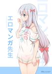  adrenaline!!! bangs blue_eyes blush bow bow_panties bra bra_through_clothes closed_mouth clothes_writing commentary_request copyright_name eromanga_sensei grey_hair hair_bow hand_up izumi_sagiri long_hair low-tied_long_hair macchiato_(jae-min_cho) panties pantyshot pink_bow pink_bra pink_panties profile red_bow see-through shiny shiny_hair shirt silver_hair solo strap_slip twitter_username underwear very_long_hair white_shirt 