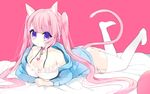  amesawa_mokke animal_ears bangs bed_sheet blue_hoodie blush breasts cat_ears cat_girl cat_tail chain cleavage collar collarbone frills garter_straps heart hood hood_down hoodie large_breasts legs_up long_hair looking_at_viewer lying no_shoes off_shoulder on_stomach original panties pink_background pink_hair purple_collar purple_eyes sidelocks solo tail thighhighs twintails underwear very_long_hair white_legwear white_panties 