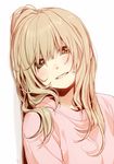  bangs blonde_hair blush commentary_request green_eyes kawai_makoto long_hair long_sleeves looking_at_viewer nose_blush pink_sweater simple_background smile solo sweater upper_body white_background 
