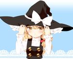  :t blush bow braid buttons commentary hat hat_bow kirisame_marisa large_bow long_hair long_sleeves looking_at_viewer looking_away pout shy side_braid single_braid solo touhou turtleneck vest wavy_hair white_bow witch_hat yellow_eyes yururi_nano 
