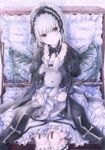  black_wings blush closed_mouth colored_pencil_(medium) darkkanan detached_collar doll_joints dress eyebrows_visible_through_hair frills hairband head_tilt highres lolita_hairband long_hair looking_at_viewer object_hug red_eyes rozen_maiden silver_hair sitting solo stuffed_animal stuffed_bunny stuffed_toy suigintou suitcase tears traditional_media watercolor_(medium) wavy_mouth wings 