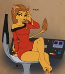  2017 anthro brown_hair caitian clothed clothing crossed_legs feline female fluff-kevlar hair looking_at_viewer m&#039;ress mammal sitting slit_pupils smile solo star_trek star_trek_the_animated_series yellow_sclera 