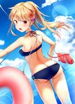  :d alternate_costume ass back bare_arms bare_shoulders bikini blue_bikini blue_sky blush breasts butt_crack cloud condensation_trail cowboy_shot day dutch_angle flip-flops hair_flaps highres horizon ichinose_kizuki innertube kantai_collection legs_apart lens_flare long_hair medium_breasts ocean open_mouth outdoors ponytail red_eyes red_footwear remodel_(kantai_collection) sandals shoes_removed shoulder_blades sideboob sky smile solo standing swimsuit tareme water yuudachi_(kantai_collection) 