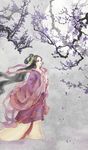  black_eyes black_hair branch calligraphy_brush_(medium) chinese_clothes facial_mark flower forehead_mark full_body grey_background hair_flower hair_ornament hand_up hanfu highres long_hair looking_to_the_side luna_ouyang moon original outdoors petals plum plum_blossoms shawl solo standing very_long_hair 
