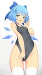  :d ass_visible_through_thighs bangs bare_arms black_swimsuit blue_bow blue_eyes blue_hair blue_wings bow breasts cirno covered_navel cowboy_shot fang gradient gradient_background hair_bow highres ice ice_wings linnkou looking_at_viewer one-piece_swimsuit open_mouth short_hair small_breasts smile solo swimsuit tan tanned_cirno thighhighs touhou v white_legwear wings 