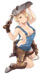  ;q arm_up ass bare_shoulders belt belt_pouch blonde_hair blush boots breasts brown_eyes brown_footwear brown_gloves cait chain collarbone commentary djeeta_(granblue_fantasy) full_body gloves granblue_fantasy gun highres holding holding_gun holding_weapon knee_boots kneeling mechanic_(granblue_fantasy) medium_breasts naked_overalls one_eye_closed overalls pouch short_hair simple_background tareme thighs tongue tongue_out twisted_torso v-shaped_eyebrows weapon welding_mask white_background 
