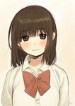  bangs blouse blush bow bowtie brown_eyes brown_hair buttons closed_mouth commentary_request eyebrows_visible_through_hair kawai_makoto light_smile looking_at_viewer red_neckwear short_hair short_sleeves sketch solo upper_body white_blouse wing_collar 