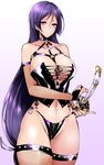  absurdres agetama bare_shoulders bondage_outfit breasts cleavage elbow_gloves fate/grand_order fate_(series) fishnet_gloves fishnet_legwear fishnets gloves highres huge_breasts long_hair looking_at_viewer low-tied_long_hair minamoto_no_raikou_(fate/grand_order) navel purple_eyes purple_hair sheath sheathed smile solo very_long_hair 