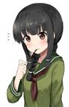 black_hair blush braid brown_eyes check_commentary commentary_request food highres kantai_collection kitakami_(kantai_collection) long_hair looking_at_viewer mouth_hold okitsugu pocky pocky_day revision school_uniform serafuku simple_background single_braid sketch smile solo white_background 