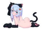  anal_tail animal_ears ass back blue_eyes bouen bow butt_plug cat_ears cat_paws cat_tail commentary_request eromanga_sensei fake_animal_ears fake_tail gloves hair_bow highres izumi_sagiri long_hair low-tied_long_hair nude paw_gloves paw_shoes paws pink_bow shoes silver_hair solo tail 
