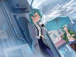  bang_dream! bluah green_eyes green_hair hikawa_sayo jacket long_hair rain umbrella wink 