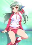  ahoge alternate_costume battle_girl_high_school blush breasts buruma green_hair gym_shorts gym_uniform hair_ribbon kanoe long_hair looking_at_viewer low_twintails medium_breasts red_eyes ribbon robot_ears sadone shorts simple_background sitting solo twintails 