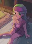  1girl absurdres blush breasts cleavage dark_skin green_eyes green_hair highres jonathan_h looking_at_viewer mao_(pokemon) medium_breasts on_bed pajamas pokemon pokemon_(anime) pokemon_sm_(anime) sitting smile 