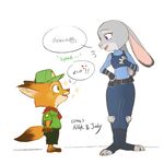  2017 anthro canine clothed clothing disney female fox fully_clothed fur judy_hopps lagomorph male mammal nick_wilde police_uniform rabbit simple_background speech_bubble standing uniform young yusarang zootopia 