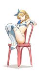  blonde_hair blue_eyes bow chair drill_hair earrings food hair_bow hairband highres jewelry looking_at_viewer open_mouth original popsicle simple_background solo thighhighs tim_loechner tongue tongue_out white_background 