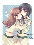  bangs black_hair blue_background blunt_bangs braid brown_eyes brown_hair cowboy_shot dated hair_over_shoulder hirune_(konekonelkk) hug kantai_collection kitakami_(kantai_collection) long_hair midriff multiple_girls navel ooi_(kantai_collection) pleated_skirt polka_dot polka_dot_background remodel_(kantai_collection) school_uniform serafuku sidelocks single_braid skirt twitter_username white_skirt yuri 