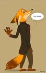  2017 4_fingers anthro black_nose brown_tail canine clothed clothing dialogue disney fingers fox fully_clothed fur green_eyes hand_in_pocket male mammal nick_wilde orange_fur orange_tail simple_background speech_bubble text two_tone_tail yusarang zootopia 