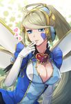  blonde_hair blue_dress blue_eyes breasts cleavage cleavage_cutout dress duel_monster elbow_gloves facial_mark finger_to_mouth gloves hair_ornament heart highres hsin large_breasts long_hair looking_at_viewer parted_lips puffy_short_sleeves puffy_sleeves short_sleeves smile solo trickstar_holy_angel upper_body very_long_hair white_gloves wings yuu-gi-ou yuu-gi-ou_vrains 