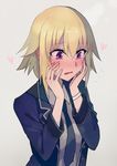  bangs blazer blonde_hair blush commentary_request embarrassed eyebrows_visible_through_hair fate/apocrypha fate_(series) flying_sweatdrops formal hair_between_eyes hands_on_own_cheeks hands_on_own_face heart jacket jeanne_d'arc_(fate) jeanne_d'arc_(fate)_(all) looking_down necktie open_mouth purple_eyes solo upper_body walzrj wristband 