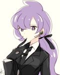  1girl black_gloves black_jacket black_neckwear black_ribbon breasts earpiece finger_to_mouth gloves hair_ribbon hand_up jacket kanade lila_(pokemon) long_hair long_sleeves looking_at_viewer matching_hair/eyes necktie pokemon pokemon_(game) pokemon_oras ponytail purple_eyes purple_hair ribbon shirt signature simple_background small_breasts solo suit text tied_hair upper_body white_background white_shirt 