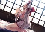 bare_shoulders breasts fate/grand_order fate_(series) horns indoors large_breasts long_hair masturbation nakatokung nipples open_mouth orange_eyes solo tomoe_gozen_(fate/grand_order) topless unaligned_breasts very_long_hair white_hair 