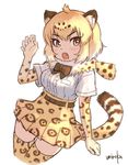  animal_ears blonde_hair bow bowtie breast_pocket brown_neckwear claw_pose cropped_legs elbow_gloves eyebrows_visible_through_hair fur_collar gloves hand_up high-waist_skirt jaguar_(kemono_friends) jaguar_print kemono_friends legs_together looking_at_viewer multicolored multicolored_clothes multicolored_legwear pocket shirt short_hair signature simple_background skirt slit_pupils solo tail thighhighs umiroku white_background white_shirt yellow_eyes 