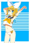  armpits arms_up ascot bare_arms bare_shoulders bikini_bottom blonde_hair blue_eyes bow crop_top flat_chest food food_in_mouth hair_bow hair_ornament hairclip hand_behind_head kagamine_rin looking_at_viewer midriff mouth_hold navel popsicle sailor_collar shirt short_hair sleeveless sleeveless_shirt solo stretch vocaloid yoshiki 