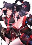  animal_ears azur_lane bangs black_hair blue_eyes blush breasts butterfly_hair_ornament cat_ears cleavage collarbone commentary_request eyebrows_visible_through_hair floral_print fusou_(azur_lane) hair_ornament japanese_clothes large_breasts long_hair looking_at_viewer multiple_girls obi open_mouth paw_pose red_eyes sash short_hair smile thighhighs uhouho14 white_legwear yamashiro_(azur_lane) 