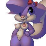  2017 3_fingers anthro areola big_areola big_breasts bow_tie breasts digital_media_(artwork) erect_nipples eyelashes female fifi_la_fume grin hair lips mammal midriff navel nipples nude purple_eyes purple_hair pussy signature simple_background skunk smile solo tiny_toon_adventures voluptuous warner_brothers white_background wide_hips xylas 