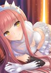  backlighting bangs bare_shoulders bed_sheet blunt_bangs blush cleavage_cutout closed_mouth crop_top curtains elbow_gloves eyebrows_visible_through_hair fate/grand_order fate_(series) foreshortening frills gloves hand_on_hip long_hair looking_at_viewer lying medb_(fate)_(all) medb_(fate/grand_order) miniskirt navel on_bed on_side pink_hair sidelocks skirt sleeveless smile solo stomach taiki_ken tareme tiara white_gloves white_skirt yellow_eyes 