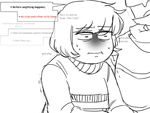  2017 ambiguous_gender anthro black_and_white caprine clothing dialogue dreemurr_skelememer english_text female goat hair horn human mammal monochrome on_lap protagonist_(undertale) robe text the_talk toriel undertale video_games young 