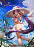  1girl bikini breasts closed_mouth copyright_name flower force_of_will hat lack long_hair looking_at_viewer looking_back medium_breasts official_art purple_hair red_eyes see-through sideboob smile solo standing straw_hat striped striped_bikini swimsuit transparent_skirt very_long_hair 
