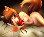  1girl absurdres animal_ears apple arm_up artist_name bed_sheet breasts brown_background brown_hair fangs food fruit hand_up holo long_hair looking_at_viewer lying medium_breasts nipples nude on_side open_mouth outstretched_arm red_eyes rilex_lenov simple_background smile solo spice_and_wolf tail teeth text watermark 