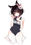  :q absurdres animal_ears azur_lane black_hair blue_swimsuit breasts cat_ears collarbone covered_navel full_body highres looking_at_viewer mask mask_on_head name_tag no_shoes one-piece_swimsuit paw_pose red_eyes school_swimsuit short_hair simple_background sitting small_breasts solo swimsuit thighhighs tongue tongue_out tucao_xiansen wariza white_background white_legwear wolf_mask yamashiro_(azur_lane) 