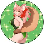 animal_ears breasts competition_swimsuit fate/grand_order fate_(series) fox_ears fox_tail gloves green_swimsuit hair_ribbon hand_on_hip highleg highleg_swimsuit kulettula large_breasts long_hair looking_at_viewer one-piece_swimsuit paw_gloves paws pink_hair ribbon solo swimsuit tail tamamo_(fate)_(all) tamamo_cat_(fate) tamamo_no_mae_(fate) tongue tongue_out yellow_eyes 