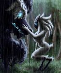  5_fingers ambiguous_gender anthro canine caprine detailed_background forest fur glowing glowing_eyes grass hair kindred_(lol) lamb_(lol) league_of_legends long_hair mammal markings mask open_mouth outside raining riot_games tree tuft video_games white_fur white_hair wolf wolf_(lol) zeroakumareal 