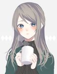  bad_id bad_tumblr_id blue_eyes blush cup grey_background grey_hair grey_sweater holding holding_cup long_hair long_sleeves looking_at_viewer original p2_(uxjzz) parted_lips ribbed_sweater solo steam sweater upper_body 