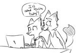  anthro black_and_white canine clothed clothing computer disney english_text female fox fur hand_on_shoulder humor male mammal monochrome mother mrs_wilde nick_wilde parent simple_background son text visiti white_background zootopia 