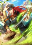  bandages boots ekm fire_emblem fire_emblem:_seima_no_kouseki hand_on_headwear hat jewelry joshua_(fire_emblem) long_hair male_focus red_eyes red_hair ring smile solo sword weapon 