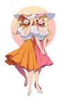  adapted_costume blonde_hair blue_eyes blush breasts brown_hair cleavage crown hat highres large_breasts long_hair looking_at_viewer mario_(series) multiple_girls princess_daisy princess_peach sey_oasay skirt smile super_mario_bros. super_mario_odyssey white_background 